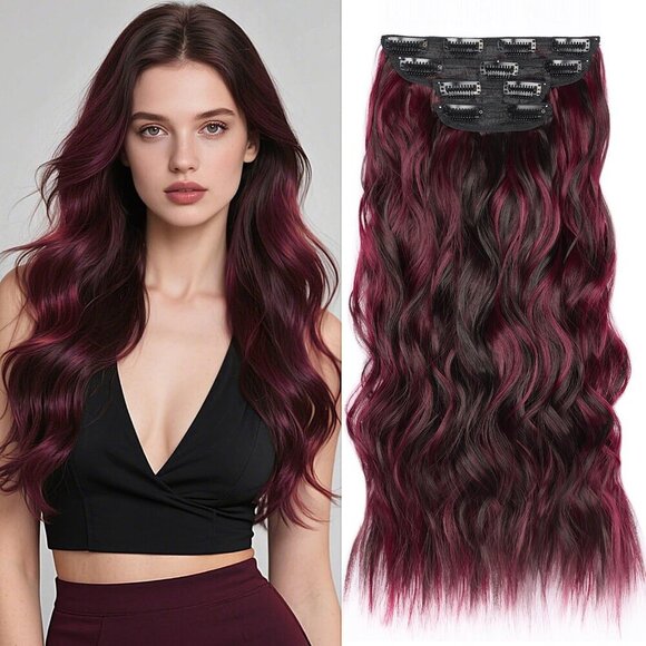 Other - Long Wavy Clip in Hair Extensions Synthetic 22 Inch Dark Red Burgundy Women